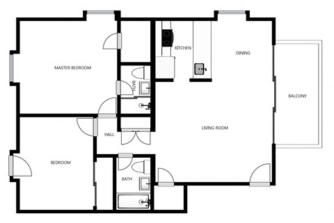 Floor plan for 2 beds, 2 baths, 1000 sqft